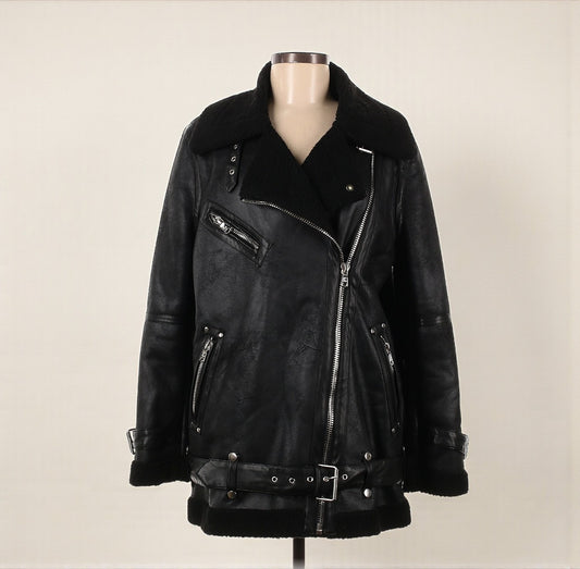 Oversized Black Faux Leather Moto Jacket w/ Shearling (Size Medium) image 0