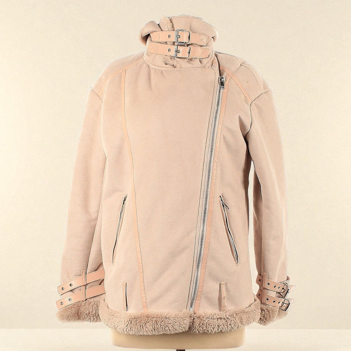 Beige Faux Suede Sherpa Lined Moto Jacket (Size Medium) image 0