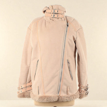 Beige Faux Suede Sherpa Lined Moto Jacket (Size Medium) image 0