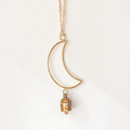 Good Bounty Air Element Moon Bell wind chime featuring a brass crescent moon, hand-tuned bell, and jute hanging loop.