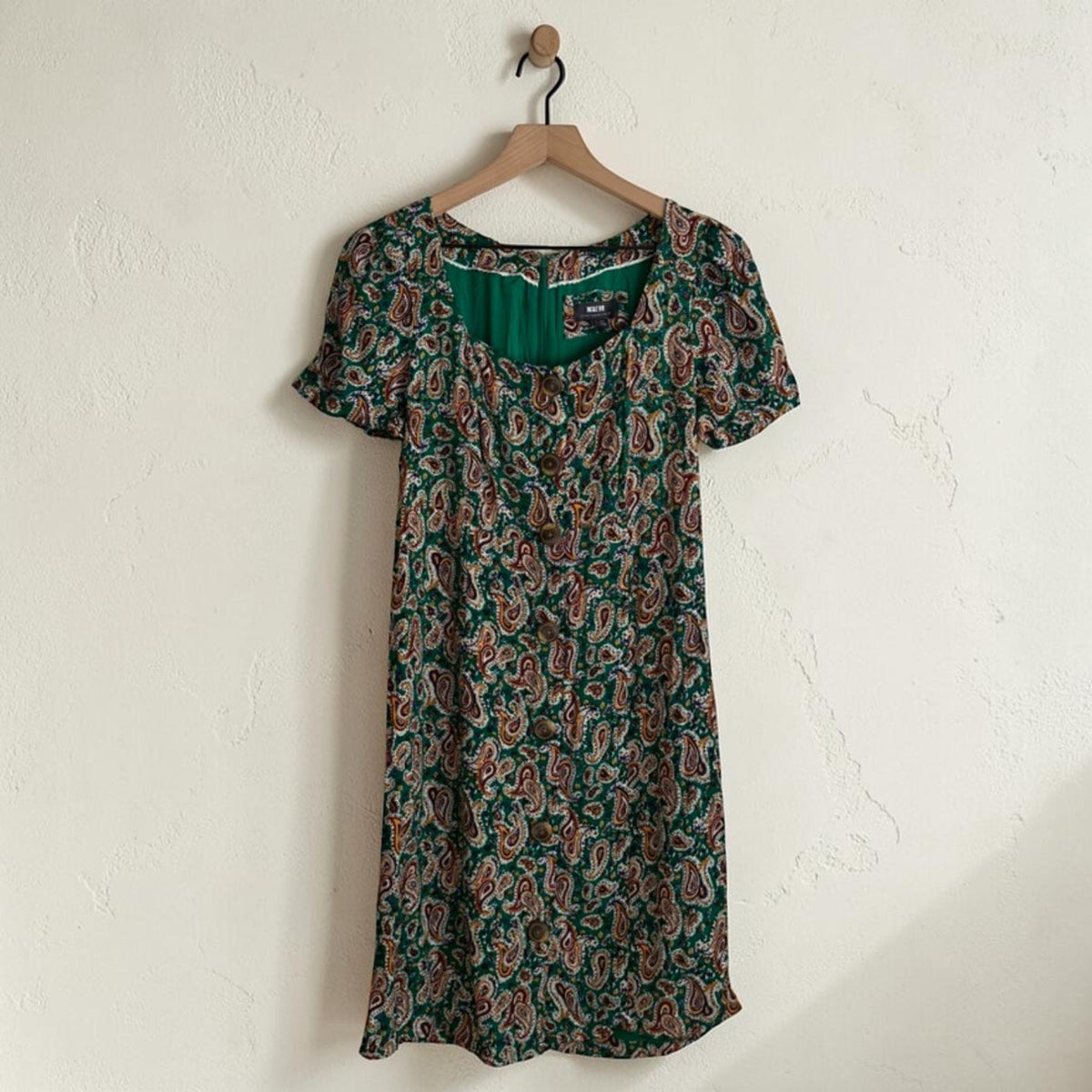 Short Sleeve Green Paisley Button Front Mini Dress | Size 8