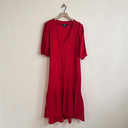 Scarlet Red Seersucker Button Front Midi Dress | Size Small