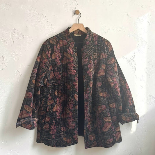 Vintage Black + Rose Quilted Open-Front Jacket | Size Large