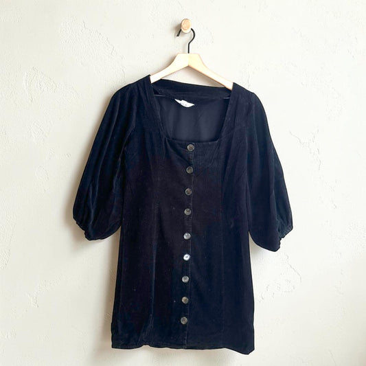 Black Corduroy Long Sleeve Mini Dress | Size Medium