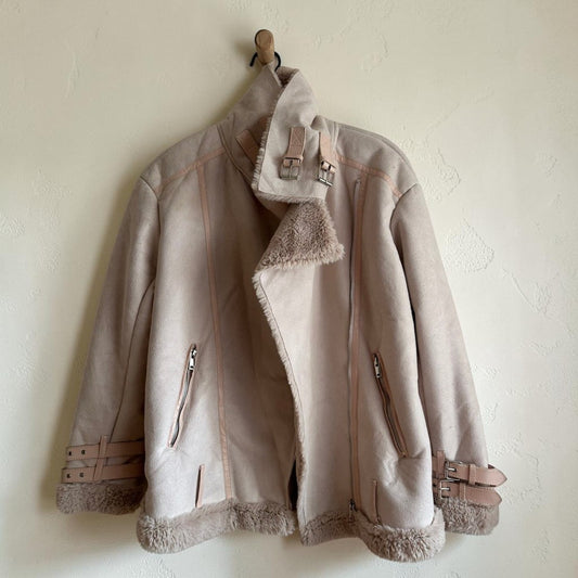 Sand Faux Suede Sherpa Lined Moto Jacket | Size Medium