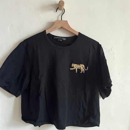 Veronica Beard Black Short Sleeve Tiger Patch Graphic Tee | Size Large